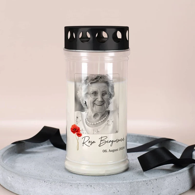 Grablicht - Mohnblume - mit Fotoaufdruck, Name und Datum