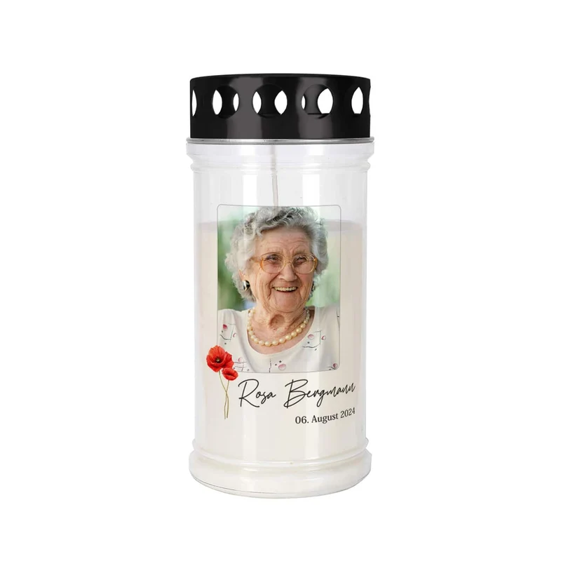 Grablicht - Mohnblume - mit Fotoaufdruck, Name und Datum