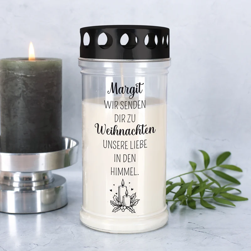 Personalisierbares Grablicht zu Weihnachten | Liebe in den Himmel | 2 Größen