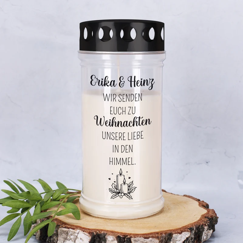 Personalisierbares Grablicht zu Weihnachten | Liebe in den Himmel | 2 Größen