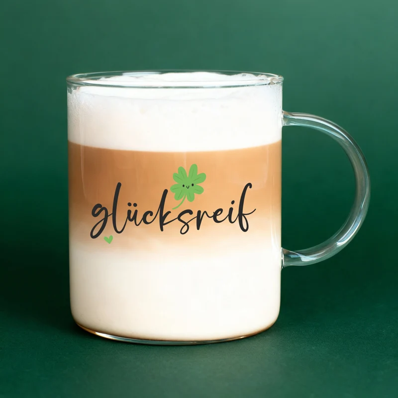 Großes Leonardo-Teeglas mit 'glücksreif' Motiv für Tee, Kakao & Kaffee | Glücksbringer-Geschenk