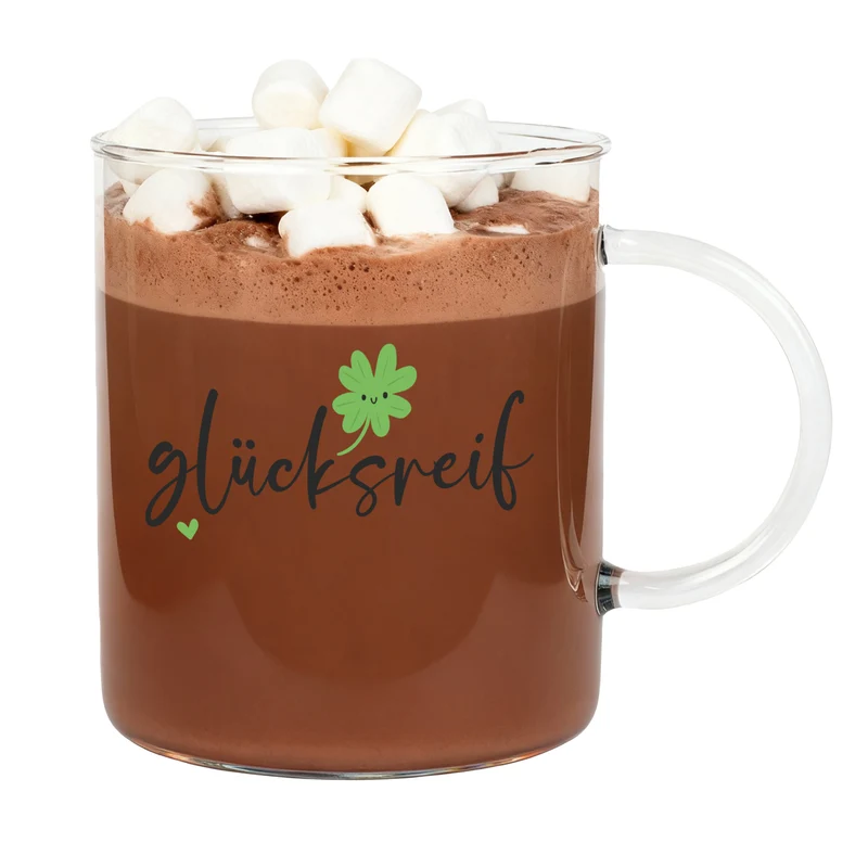 Großes Leonardo-Teeglas mit 'glücksreif' Motiv für Tee, Kakao & Kaffee | Glücksbringer-Geschenk