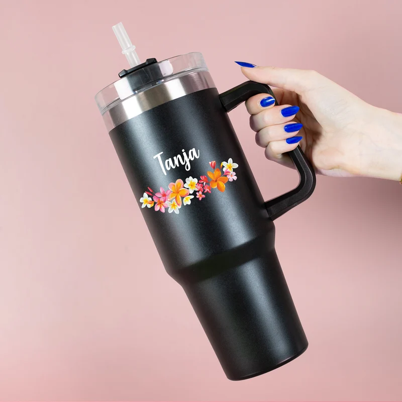 Personalisierter XXL Thermobecher mit Name | Blumenkranz | 1,2 Liter Thermo Cup