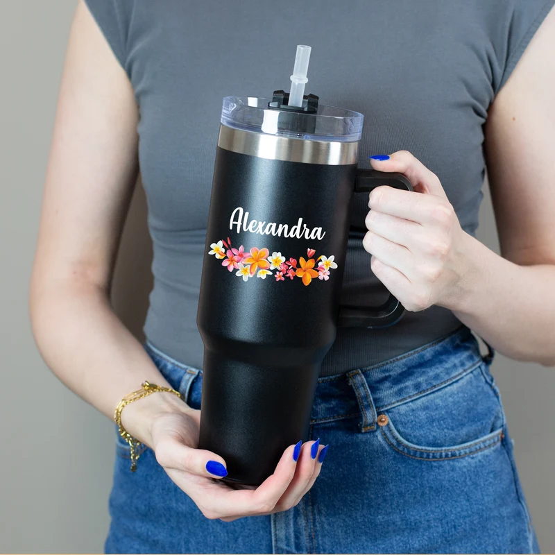 Personalisierter XXL Thermobecher mit Name | Blumenkranz | 1,2 Liter Thermo Cup