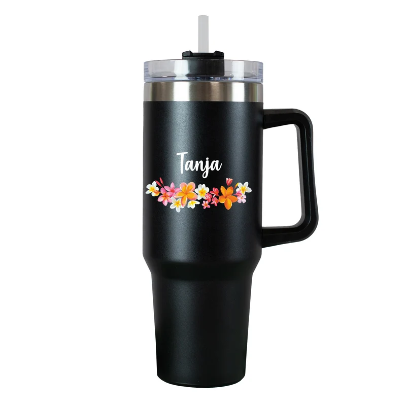 Personalisierter XXL Thermobecher mit Name | Blumenkranz | 1,2 Liter Thermo Cup