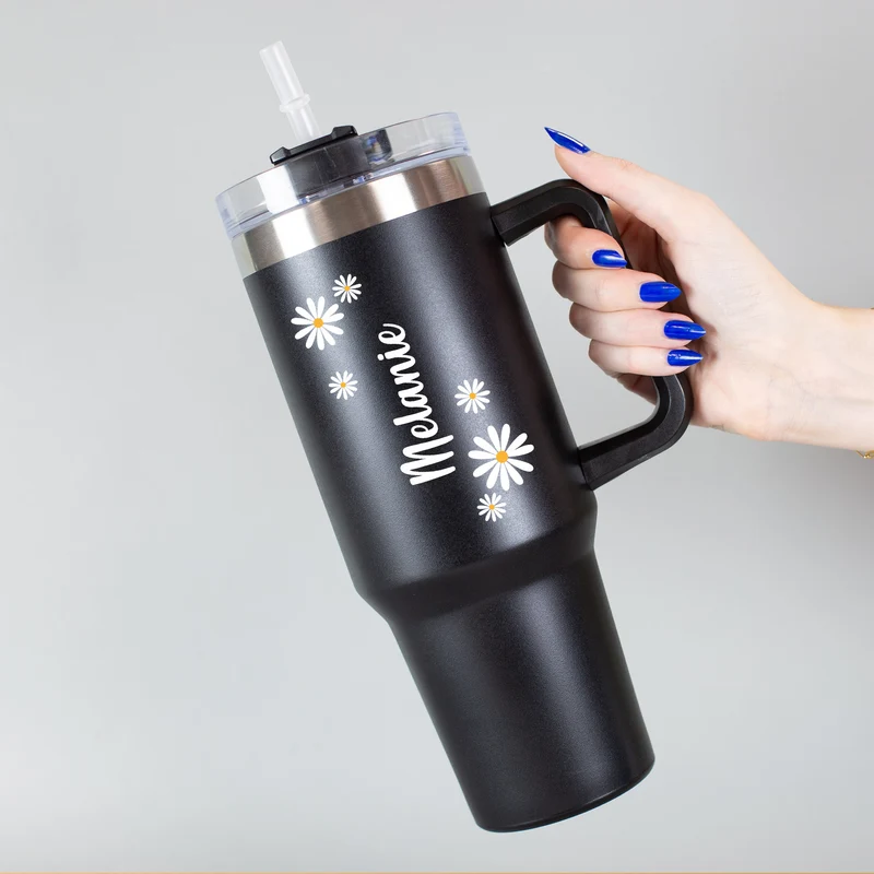 Thermobecher XXL personalisiert mit Name | Blumen Motiv | Thermo Cup 1,2 Liter