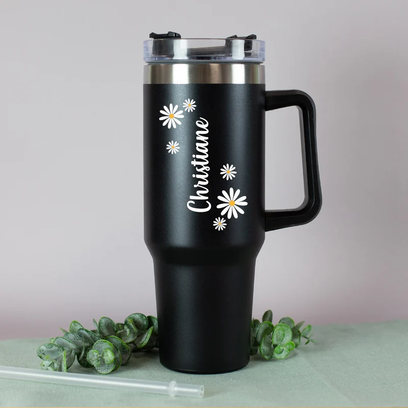 Thermobecher XXL personalisiert mit Name | Blumen Motiv | Thermo Cup 1,2 Liter