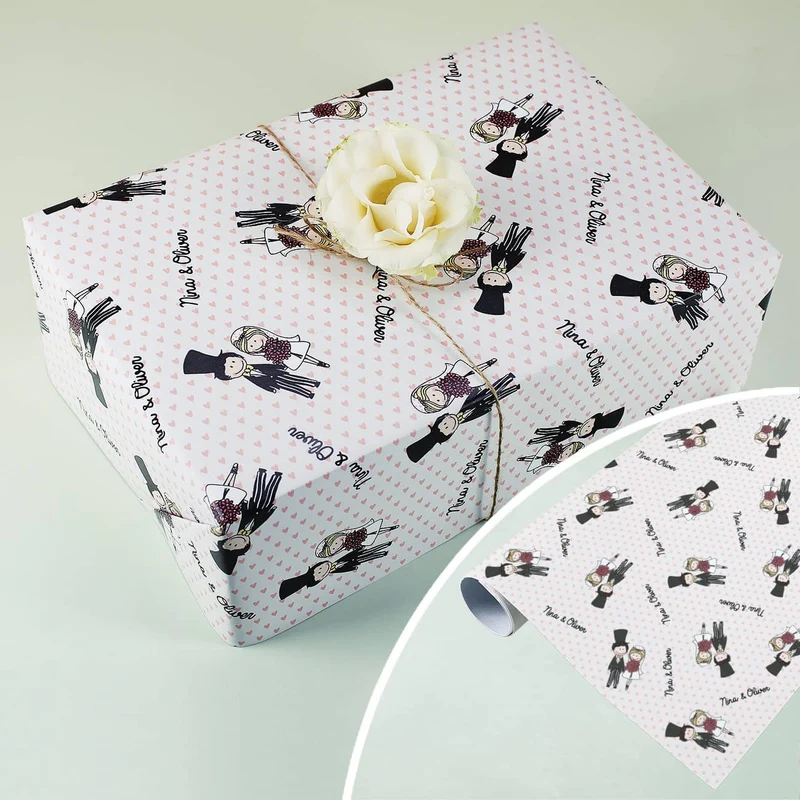 Personalisiertes Geschenkpapier zur Hochzeit mit Comic Paar und Namen