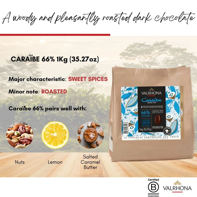 VALRHONA - Sack 1 kg Caraďbe 66% - Dunkle Schokolade - Sack Bohnen - 1kg