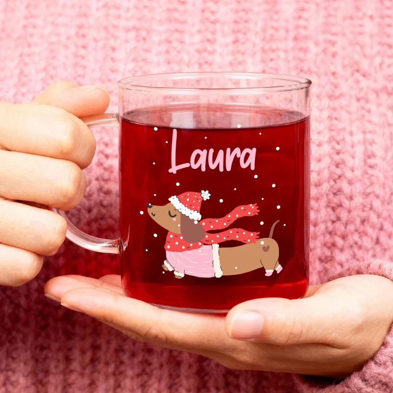 Personalisiertes großes Teeglas mit Name und Dackel-Motiv | Geschenk zu Weihnachten für Tierliebhaber