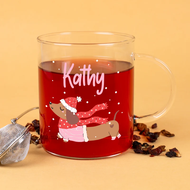 Personalisiertes großes Teeglas mit Name und Dackel-Motiv | Geschenk zu Weihnachten für Tierliebhaber