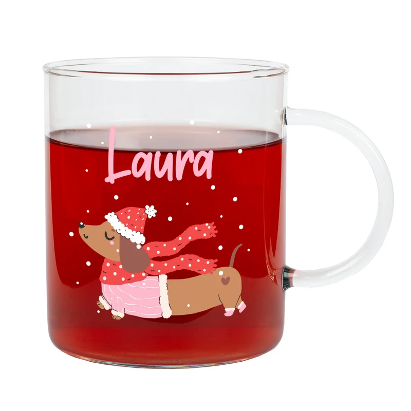 Personalisiertes großes Teeglas mit Name und Dackel-Motiv | Geschenk zu Weihnachten für Tierliebhaber