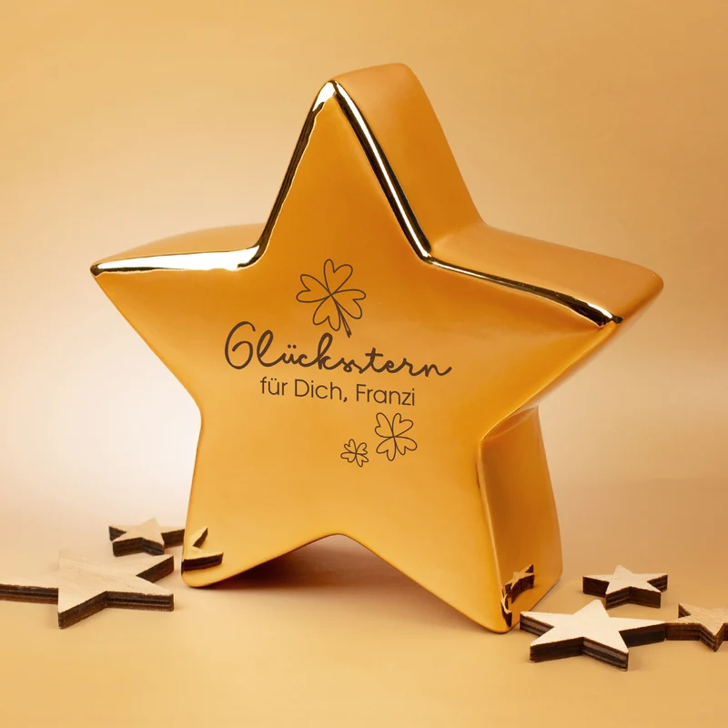 Goldener ‚Glücksstern‘ von Leonardo – personalisiert mit Wunschtext | Glücksbringer-Geschenk | 20 cm