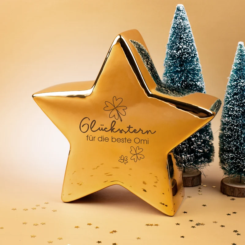Goldener ‚Glücksstern‘ von Leonardo – personalisiert mit Wunschtext | Glücksbringer-Geschenk | 20 cm