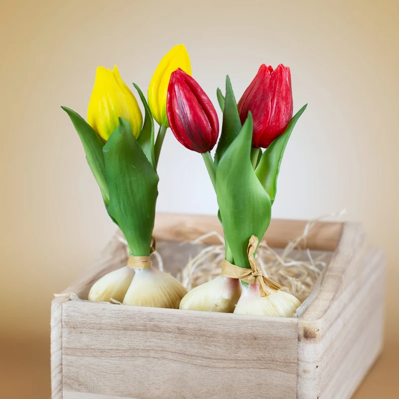 Seidenblumen Tulpen mit Zwiebeln | Hochwertige Kunstblumen in 2 Farben | 18 cm