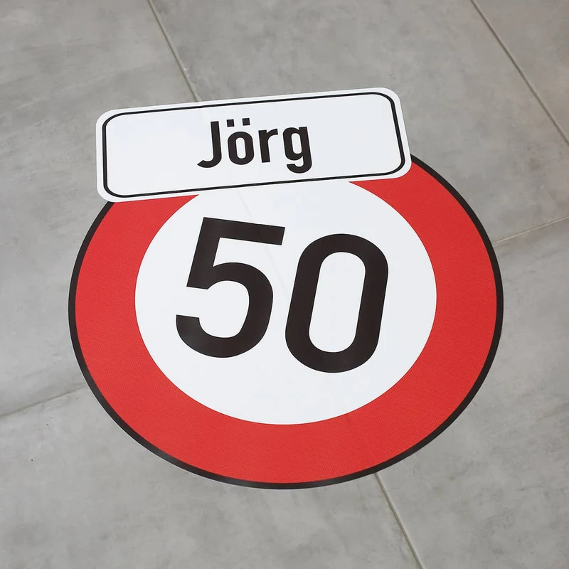 XL Fußbodenaufkleber 53x57cm Verkehrszeichen zum Geburtstag mit Name und Alter