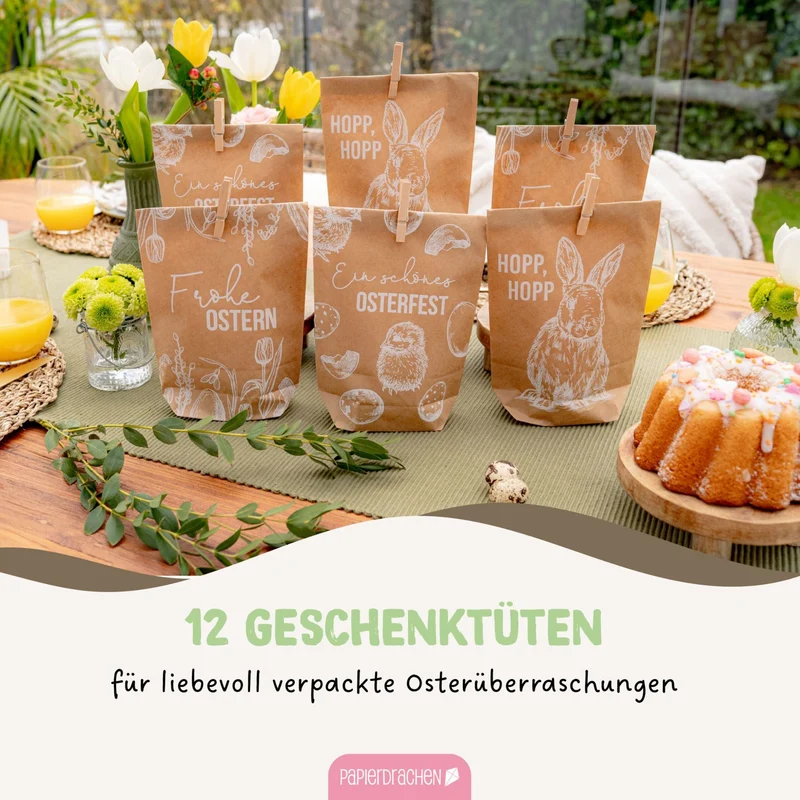12 weiß bedruckte Geschenktüten Ostern