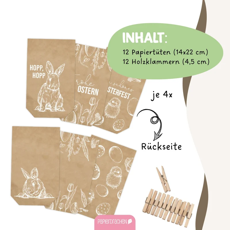 12 weiß bedruckte Geschenktüten Ostern