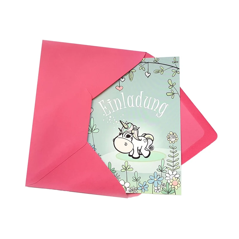 6 Einladungen "Einhorn" mit rosa Umschlägen