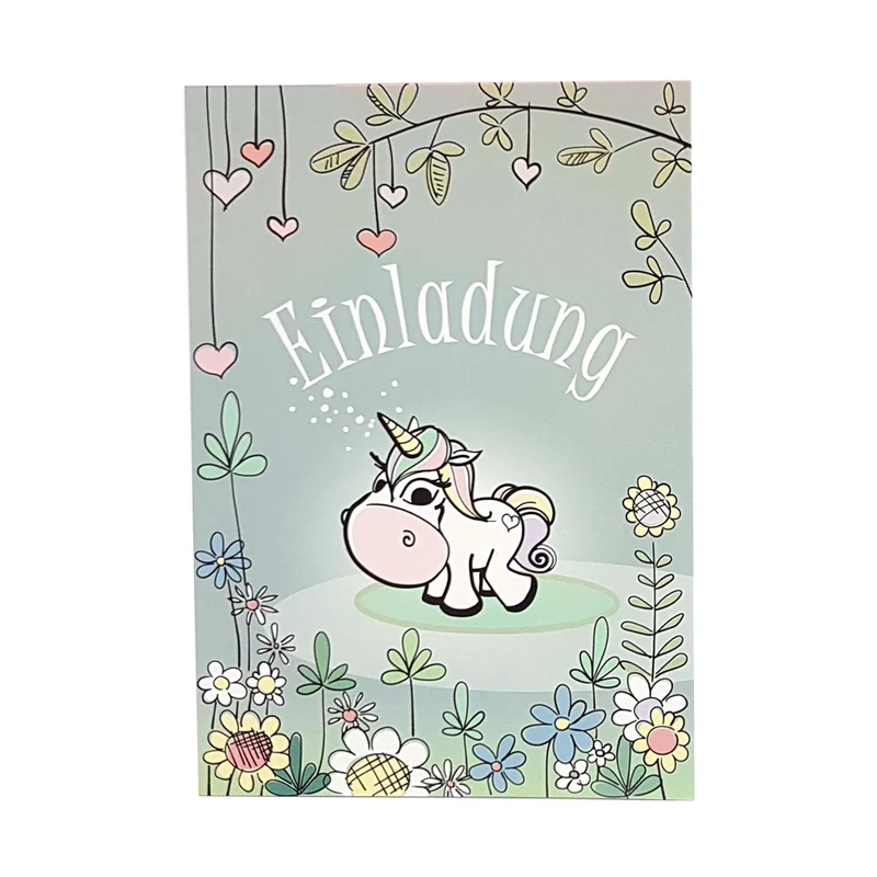 6 Einladungen "Einhorn" mit rosa Umschlägen