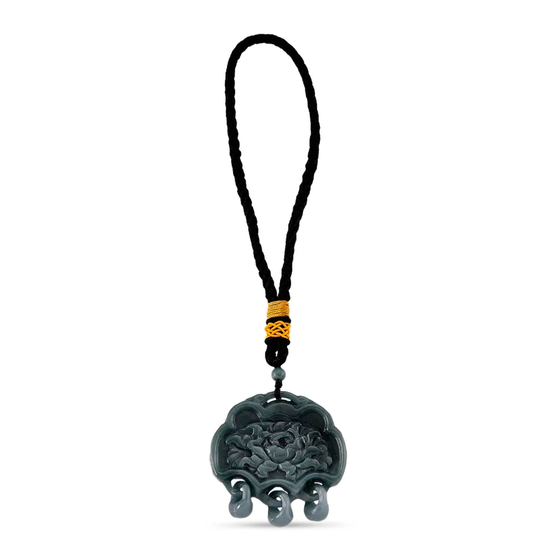 Olmeken-Jadeit Typ A Hängedekoration mit Phoenix- und Pfingstrosen-Doppelmotiv, 55mm - 295 ct.