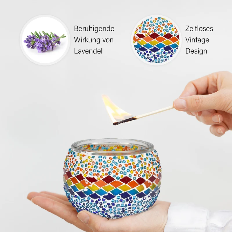 Lavendel-Eukalyptus Sojawachs-Duftkerze im Mosaikglas, Größe: 10 x 8 cm