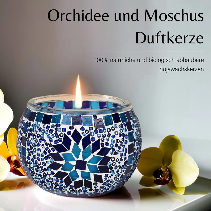 Lavendel-Eukalyptus Sojawachs-Duftkerze im Mosaikglas, Größe: 10 x 8 cm