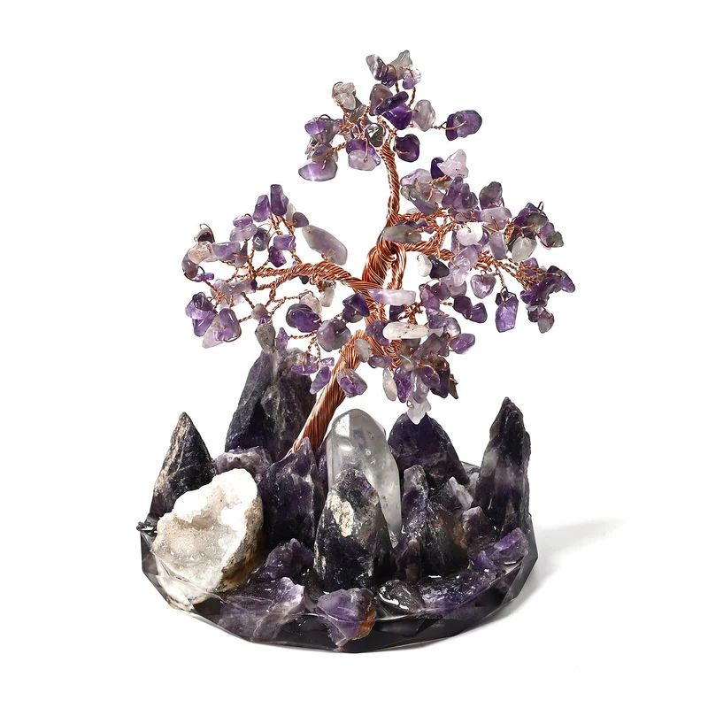 Handgefertigter Lebensbaum aus Amethyst-Heilsteinen, Glücksbaum mit natürlichen Kristallen und Kupferdraht, ca. 8 x 12 cm