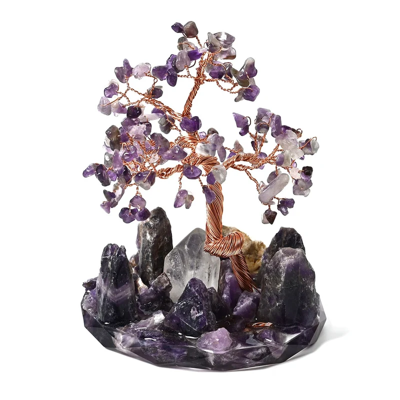 Handgefertigter Lebensbaum aus Amethyst-Heilsteinen, Glücksbaum mit natürlichen Kristallen und Kupferdraht, ca. 8 x 12 cm