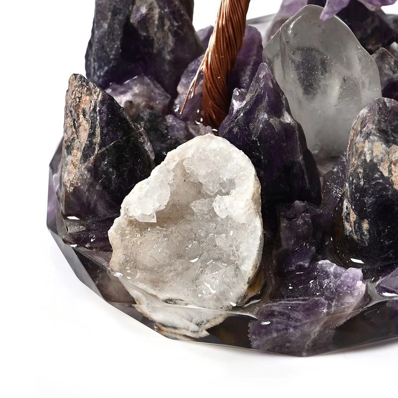 Handgefertigter Lebensbaum aus Amethyst-Heilsteinen, Glücksbaum mit natürlichen Kristallen und Kupferdraht, ca. 8 x 12 cm