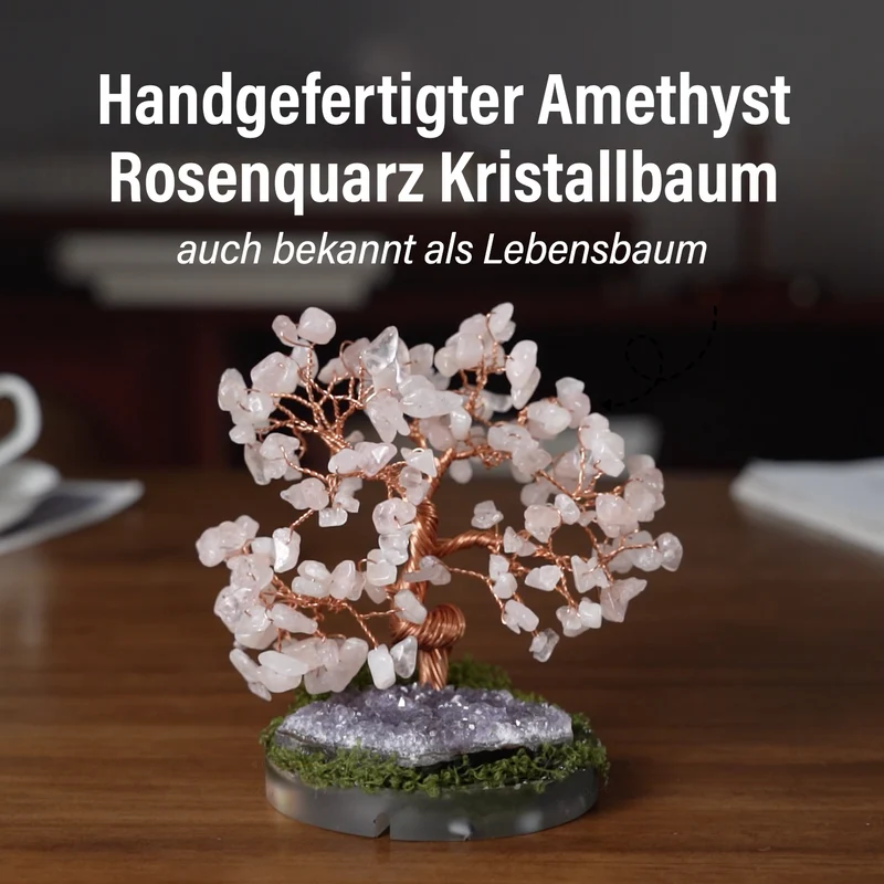 Handgefertigter Lebensbaum aus Amethyst-Heilsteinen, Glücksbaum mit natürlichen Kristallen und Kupferdraht, ca. 8 x 12 cm