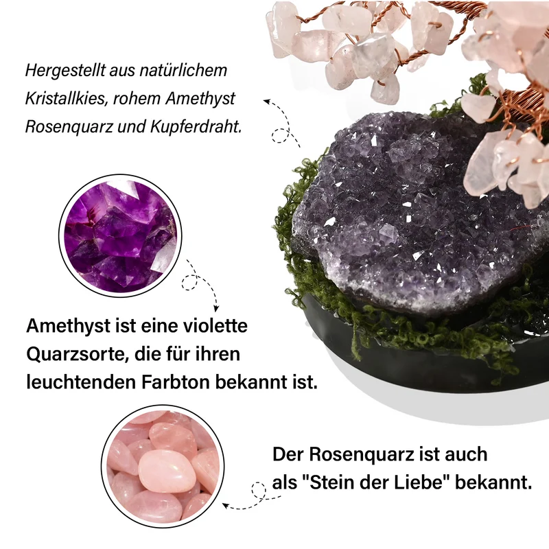 Handgefertigter Lebensbaum aus Amethyst-Heilsteinen, Glücksbaum mit natürlichen Kristallen und Kupferdraht, ca. 8 x 12 cm