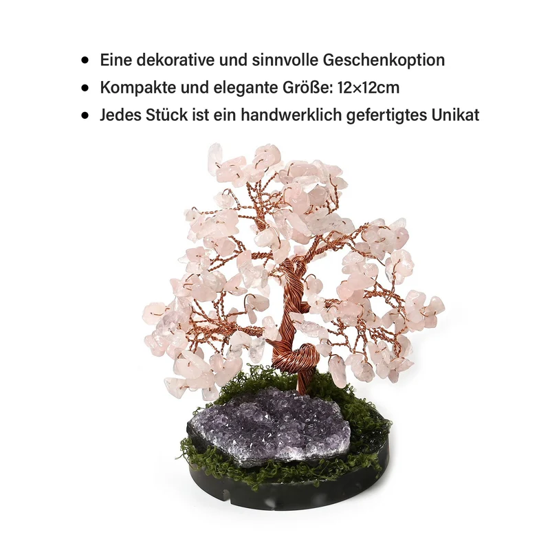 Handgefertigter Lebensbaum aus Amethyst-Heilsteinen, Glücksbaum mit natürlichen Kristallen und Kupferdraht, ca. 8 x 12 cm