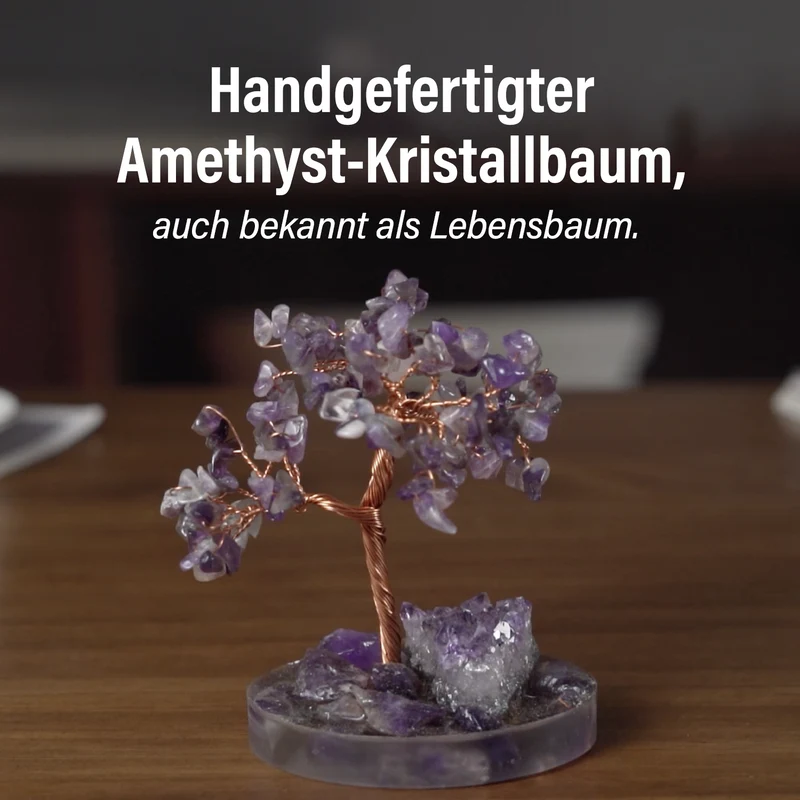 Handgefertigter Lebensbaum aus Amethyst-Heilsteinen, Glücksbaum mit natürlichen Kristallen und Kupferdraht, ca. 8 x 12 cm