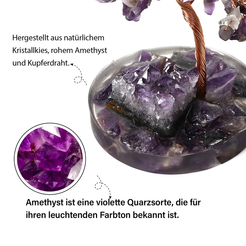 Handgefertigter Lebensbaum aus Amethyst-Heilsteinen, Glücksbaum mit natürlichen Kristallen und Kupferdraht, ca. 8 x 12 cm