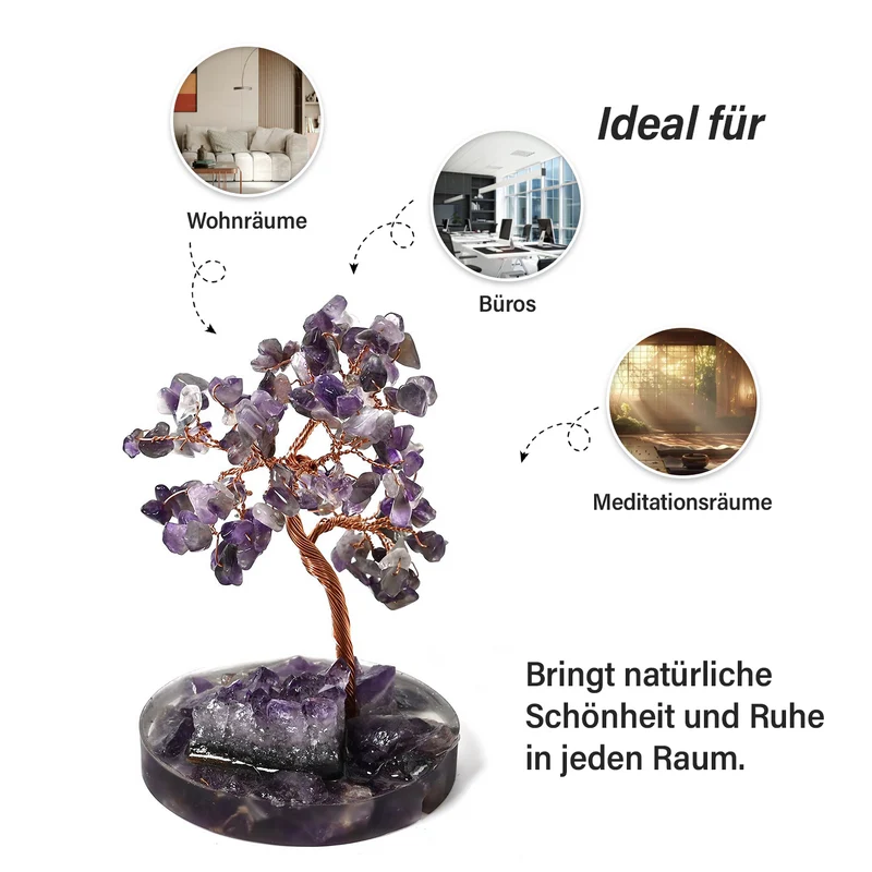 Handgefertigter Lebensbaum aus Amethyst-Heilsteinen, Glücksbaum mit natürlichen Kristallen und Kupferdraht, ca. 8 x 12 cm
