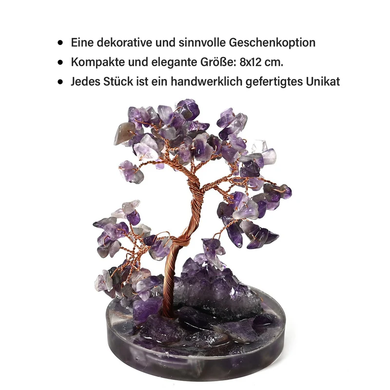 Handgefertigter Lebensbaum aus Amethyst-Heilsteinen, Glücksbaum mit natürlichen Kristallen und Kupferdraht, ca. 8 x 12 cm