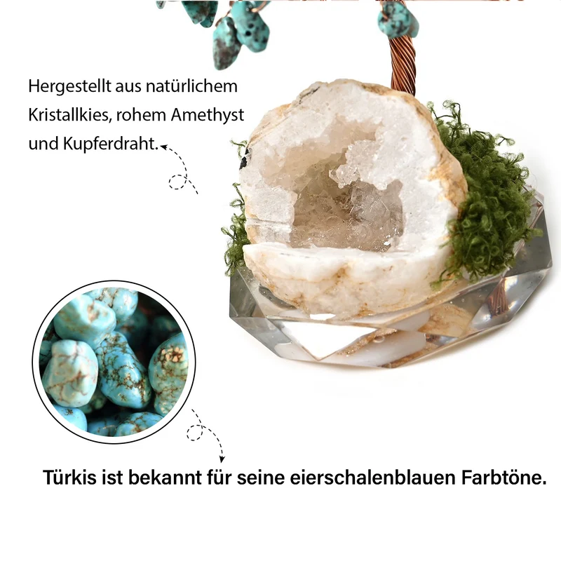 Handgefertigter Lebensbaum aus Amethyst-Heilsteinen, Glücksbaum mit natürlichen Kristallen und Kupferdraht, ca. 8 x 12 cm