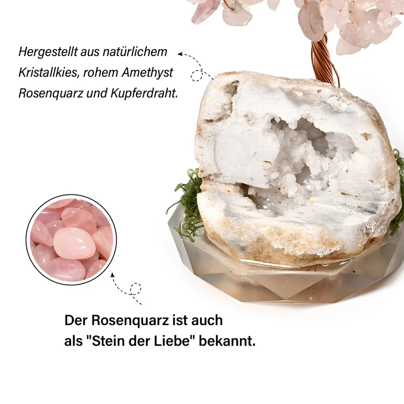 Handgefertigter Lebensbaum aus Amethyst-Heilsteinen, Glücksbaum mit natürlichen Kristallen und Kupferdraht, ca. 8 x 12 cm