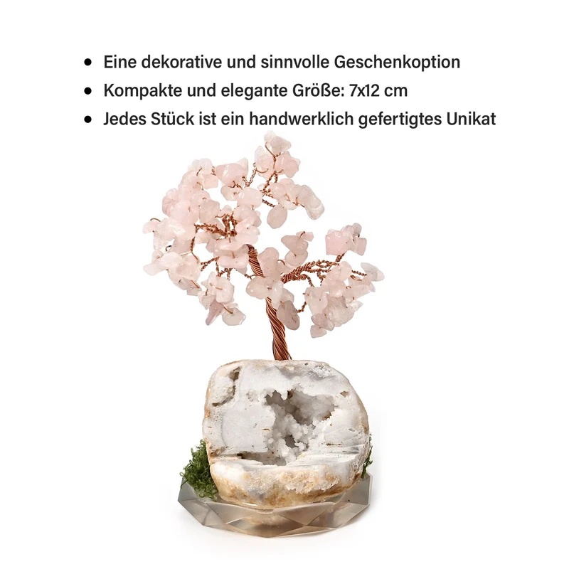 Handgefertigter Lebensbaum aus Amethyst-Heilsteinen, Glücksbaum mit natürlichen Kristallen und Kupferdraht, ca. 8 x 12 cm