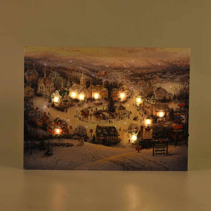 LED-Leinwandbild Festliches Winterdorf, mit 10 warmweißen LEDs und 30 Lichtfasern, Größe 30x40x1,8 cm