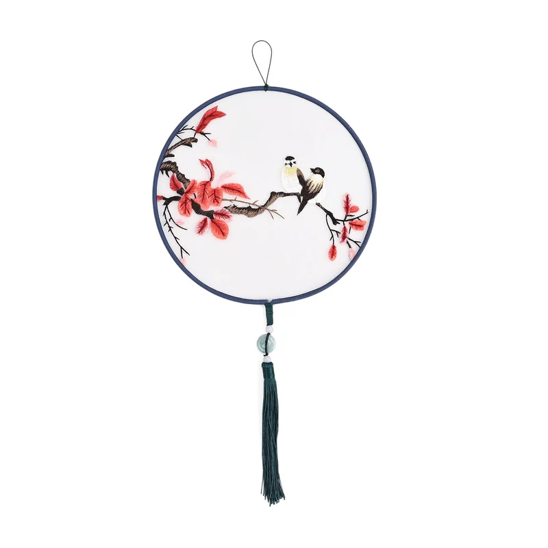 LIVMORE - Handstickerei-Wanddekoration aus 100% Seide mit Jade-Quaste, 20 cm, Vogel- und Blüten-Motiv
