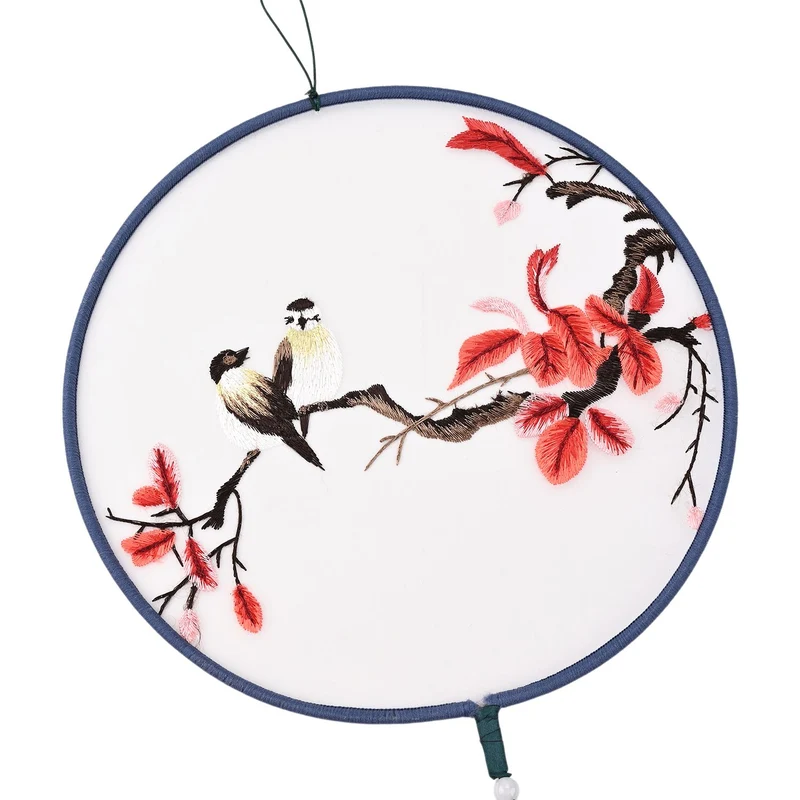 LIVMORE - Handstickerei-Wanddekoration aus 100% Seide mit Jade-Quaste, 20 cm, Vogel- und Blüten-Motiv
