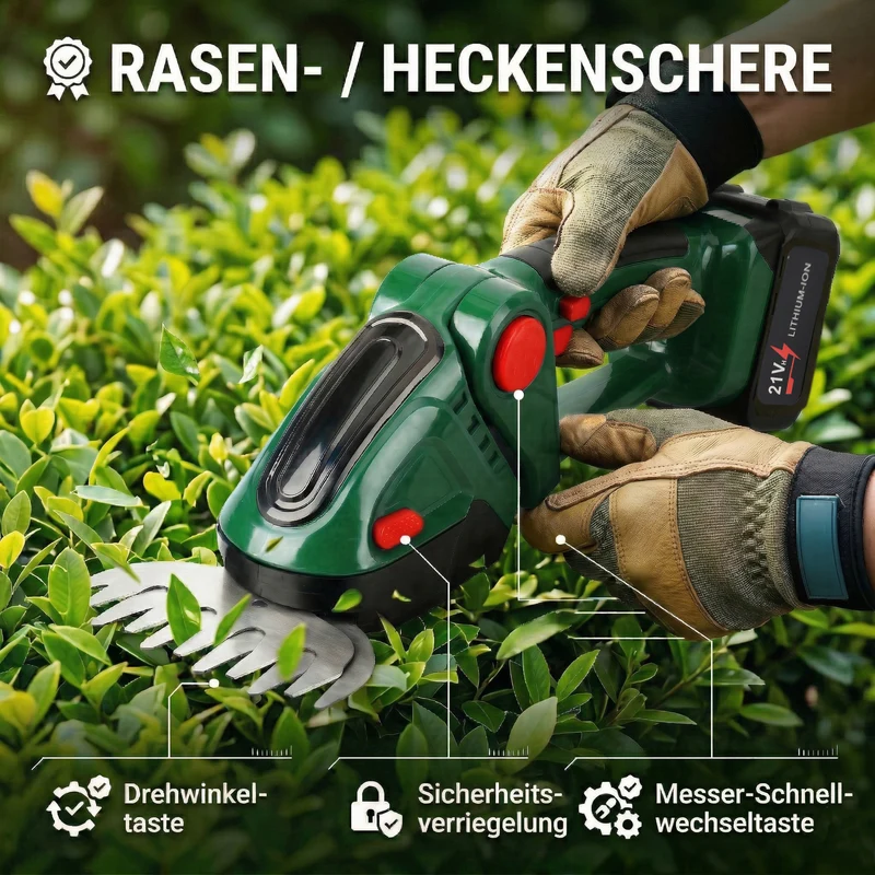 Akku Gras und Strauchschere, 2 in 1 Gartenschneider, 6000 mAh, 390 W, Gelb