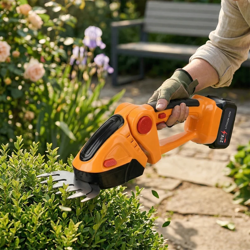 Akku Gras und Strauchschere, 2 in 1 Gartenschneider, 6000 mAh, 390 W, Gelb