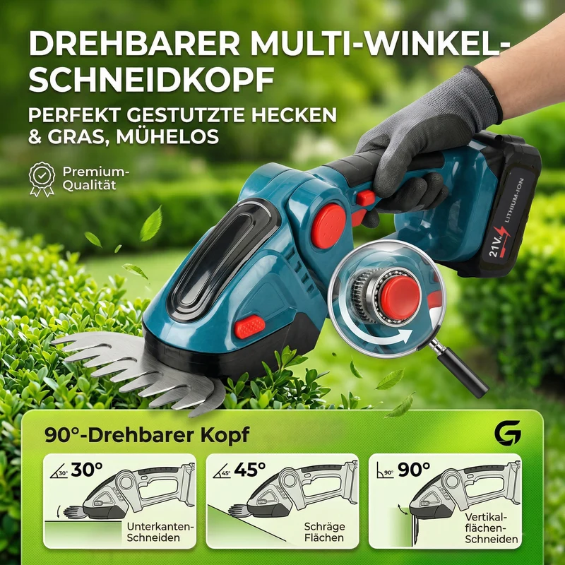 Akku Gras und Strauchschere, 2 in 1 Gartenschneider, 6000 mAh, 390 W, Gelb