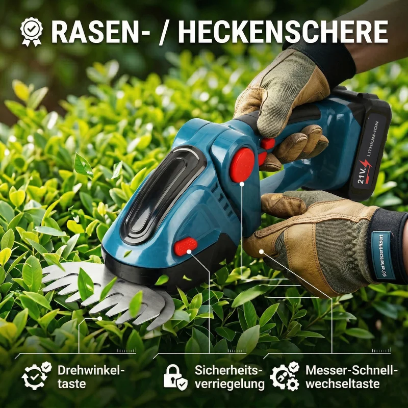 Akku Gras und Strauchschere, 2 in 1 Gartenschneider, 6000 mAh, 390 W, Gelb