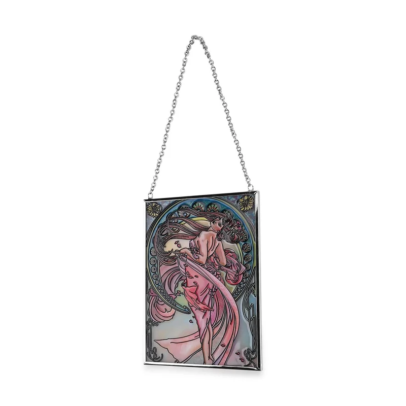 Handbemalter Glas Suncatcher mit Kette, silberfarbenem Rahmen, Alphonse Mucha Motiv Art-Deko, 12x15 cm