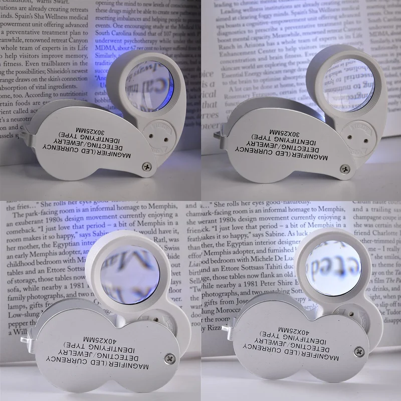 2er Set Schmucklupen mit LED- und UV Licht, 40x und 30x Linse, 6.5x3.3x2.7cm, Silber