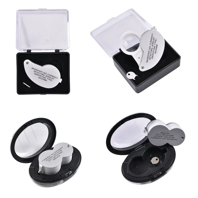 2er Set Schmucklupen mit LED- und UV Licht, 40x und 30x Linse, 6.5x3.3x2.7cm, Silber